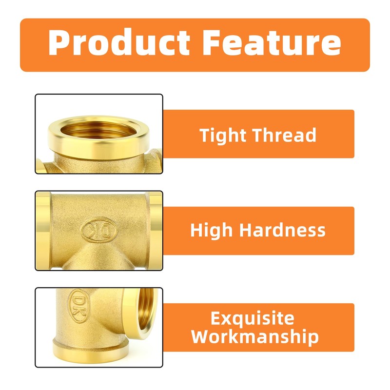 GASHER 5Pcs Brass Tee Fitting, 1/2" x 1/2" x 1/2"