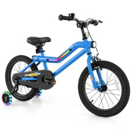 BABY JOY Lighted Kids Bike, 16 Inch LED Lighted Frame Children Bicycle with Headlight, Adjustable Seat, Training Wheels, Coaster Brake & Handbrake, Girls Boys Bike for 4-7 Years (Blue)