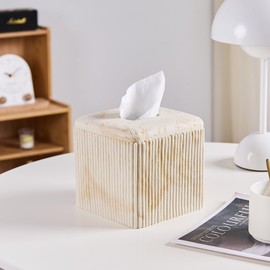 Natural Travertine Texture Striped Square Tissue Box Cover Decorative,Resin Heavy Sturdy Tissue Box Holder, Facial Paper Holder for Bathroom Vanity Countertop, Bedroom Night Stand,Office and End Table
