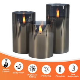 Tzgckui Smoky Gray Glass Flickering Flameless LED Candles with 10-Key Remote and Timer,4", 5", 6" x 3" Pillar Battery Operated Candles for Home Decoration(Set of 3)