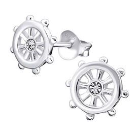 Laimons – Stud Earrings – 925 Sterling Silver – Zirconia – Women – Ship’s Helm – Shiny