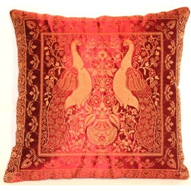 Red Silk Kissse Cover with Peacock Design Decorative Cushion Cover Sofa Cushion Cover Decorative Pillows | Decorative Cushion – 40 x 40 cm * * * SPECIAL OFFER. LIMITED OFFER from India | Starter Package for the first 100 * * *