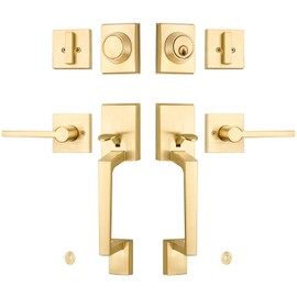 EHOMEWARE Double Front Door Handle Set, 1 Pack Satin Brass Square Door Lever, Exterior Door Knob & Deadbolt Combo, Door Lock Set for Front/Back/Office Doors, Heavy Duty Door Handle