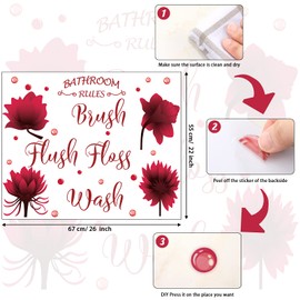 Set of Bathroom Wall Decals Stickers Wash Brush Flush Floss Bathroom Rules Wall Decor Sticker Waterproof Flower Sign Decals for Kitchen Home DIY Decorations