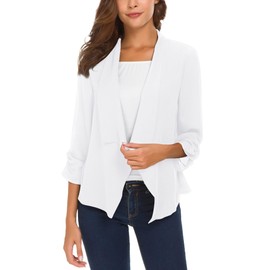 Women's Ruched Sleeve Lightweight Thin Chiffon Blazer (2XL, White)