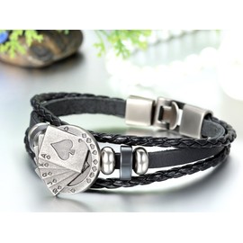 JewelryWe Men's Bracelet, Braided Hoop, Royal Flush Poker Cards, Alloy / Leather, Black / Silver