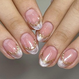 French Tip Press on Nails Short Almond Glitter Fake Nails with Designs Cat Eyes Gold Line False Nails Short Nail Tips Artificial Acrylic Nails Glossy Full Cover Summer Stick on Nails for Women Girls