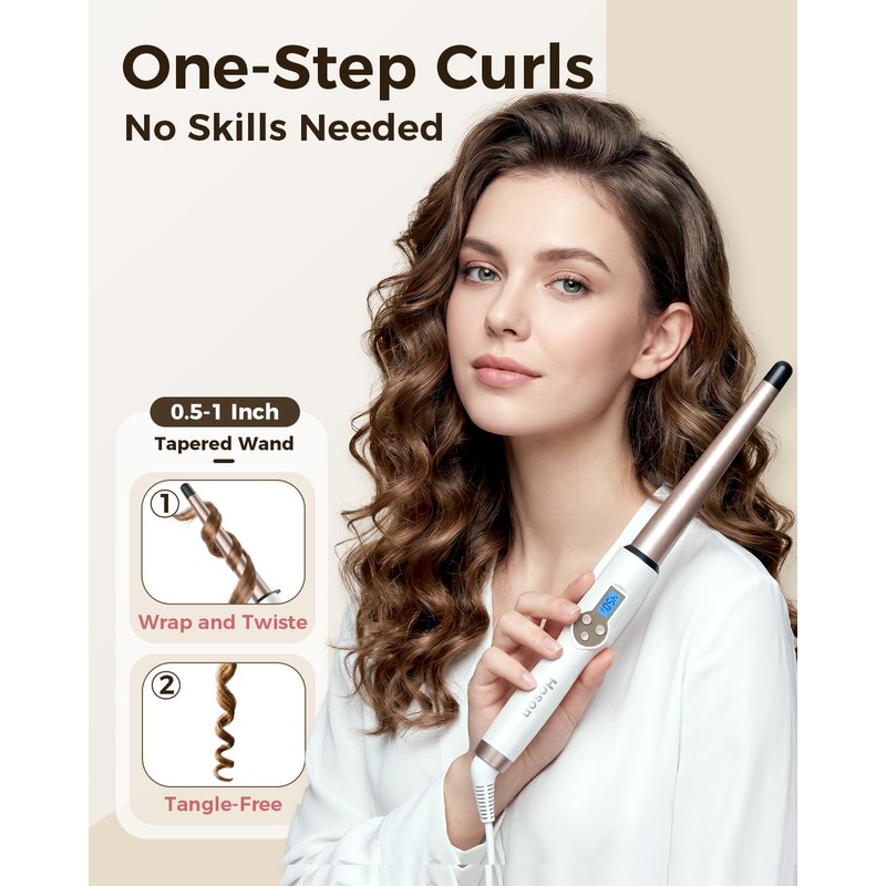HOSON Hair Curling Wand Tapered Barrel 1"-0.5", Dual Voltage Curling