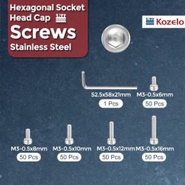 Kozelo 250pcs M3 Socket Head Cap Screws Bolts Nuts Assortment Kit - [M3x6/8/10/12/16mm] 304 Stainless Steel Allen Socket Drive for 3D Printer with Allen Wrench