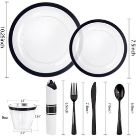 I00000 350 Pcs Clear and Black Plastic Plates, Black Dinnerware Set, Include 50 Dinner Plates 10.25’’, 50 Dessert Plates 7.5’’, 50 Black Rim Cups 9 OZ, 50 Per Rolled Napkins with Plastic Cutlery