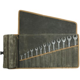 Canvas Tool Roll, 16 oz Waxed Canvas Wrench Roll - with Tool Slots + 2 Zip Pockets - Army Green, Portable Roll Up Wrench Organiser for Craftsmen Repairman Gardener