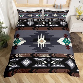 Erosebridal Western Comforter Cover Vintage Geometry Triangle Diamond Duvet Cover,Boho Western Bedding Sets King,Southwestern Native Aztec Bed Set Ethnic Tribe Arrow Sriped Room Decor,Grey Brown