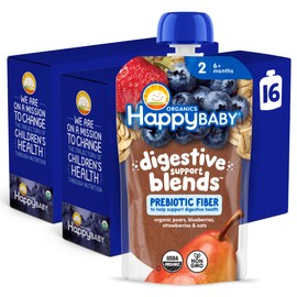 Happy Baby Digestive Support Blends, Organic Stage 2 Baby Food with Prebiotic Fiber, Pear, Blueberries, Strawberries & Oats, 4 Ounce Pouch (Pack of 16)