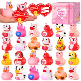 24 Pcs Rubber Ducks with Valentines Cards for Kids School Classroom, Valentines Theme Rubber Ducks in Bulk, Valentines Gifts for Kids Classroom Exchange Prizes, Valentines Party Favors