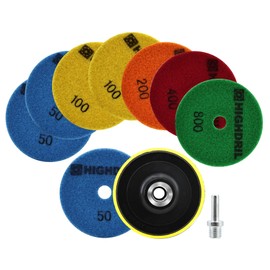 HIGHDRIL Diamond Dry Polishing Discs Set - 8 Pieces 100 mm Grit #50x3/100x2/200/400/800 Diamond Polishing Pads + M14 Plastic Base + Adapter for Granite Marble Artificial Stone Quartz