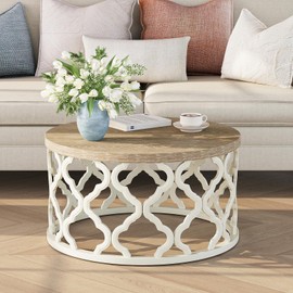 Farmhouse Coffee Table, French Country Round Coffee Table, Coastal Coffee Table with Distressed Top, Boho Center Table with Curved Motif Frame Base for Living Room, Dining Room, Bedroom, Cream Beige