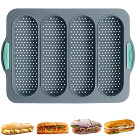Chicrinum Baguette Bread Pan, Non-Stick Food Grade Silicone Bread Loaf Pan, 4 Cavity Perforated French Bread Baking Pan for Hoagie/Sub/Sandwich Rolls, Gray