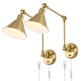 TRLIFE Wall Sconces Plug in, Dimmable Wall Sconces Brushed Brass Swing Arm Wall Lights Plug in Wall Mounted Light Industrial Wall Lights with 6FT Plug in Cord, E26 Base, UL Listed(2 Pack, 2 Bulbs)