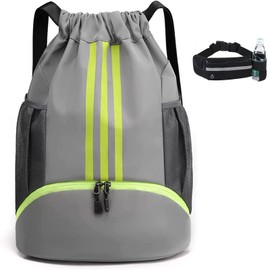 Drawstring Backpack Drawstring Fitness Bag Durable Nylon Basketball Football Storage Bag With Shoe Storage With Water Cup Storage Waist Bag (Black)