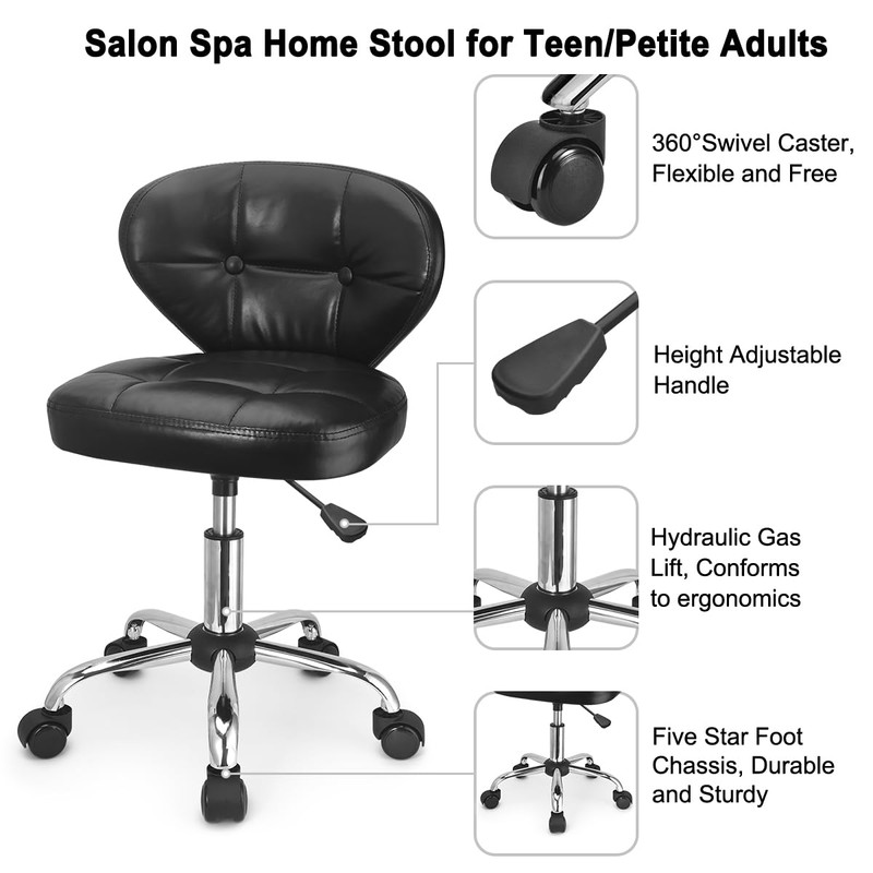 JOSTZHXIN Home Rolling Stool, PU Leather Rolling Chair with Back,