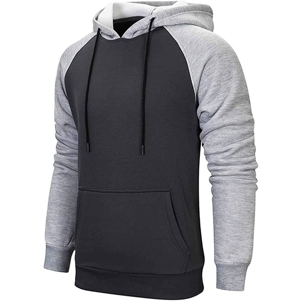Wielsscca Mens Hoodies Patchwork Pullover Color Block Sweatshirts Casual Drawstring Tops with Kanga Pocket Dark Gray L