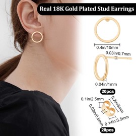 Beebeecraft 1 Box 20Pcs Circle Stud Earring Findings 18K Gold Plated Brass Hollow Round Circle Ear Stud Earring Posts Kit with 20Pcs Butterfly Ear Nuts for Women Jewelry Making