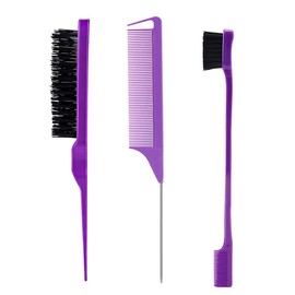 Goiple 3 Pieces Hair Styling Comb Set Teasing Hair Brush Rat Tail Comb Edge Brush for Edge&Back Brushing, Combing, Slicking Hair for Women (Purple)