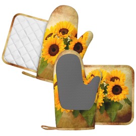 DONMYER Retro Sunflower Oven Mitts and Pot Holders 4 pcs Set Silicone Vintage Sunflowers Kitchen Oven Mitt Gloves Sunflowers Pot Holders Non-Slip Heat Resistant Cooking Mitts Set for Kitchen Grilling