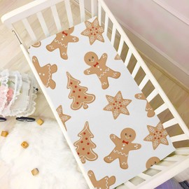 Pfrewn Christmas Crib Sheets for Boys Girls Cartoon Gingerbread Men Snowflakes Fitted Crib Sheet for Mini Crib Mattress Stretch Soft Winter Pattern Toddler Baby Playard Sheet,39x27IN