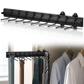 Sliding Tie Racks, 18 Tie Hanger Pull Out Belt Rack 16.5'' Aluminum Alloy Extendable Wardrobe Closet Organizer with 18 Hooks for Belts, Ties, and Scarves, 16.5'' x 3.15''(Sprayed Black)