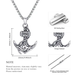 JFASHOP Anchor Necklace Vintage Marine Marine Pirate Chain Cool S925 Sterling Silver Pendant Goth Punk Rock Hip Hop Necklaces for Men, Silver
