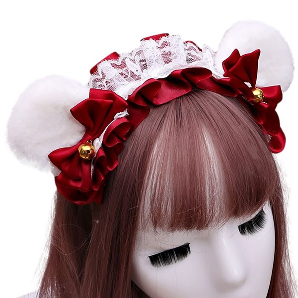 morytrade Hair Band Bear Ears Headband Head Dress Ruffle Cosplay (White+Red)
