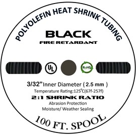 100 FT 3/32" 2.5mm Polyolefin Black Heat Shrink Tubing 2:1 Ratio