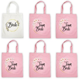 unel Hen Party Bags Set (6 Pieces), The Bride & Team Bride Tote Bags, Premium Hen Do Cotton Gift Bags