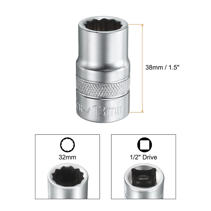 sourcing map 1/2" Drive by 13mm 12-Point Shallow Socket 38mm