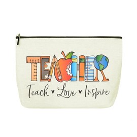 Teacher Inspirational Gifts Makeup Bag for Women Teacher Design with Teach Love Inspire Canvas Cosmetic Bags Travel Toiletry Pouches for Teachers Appreciation Back to School Birthday Christmas Gift