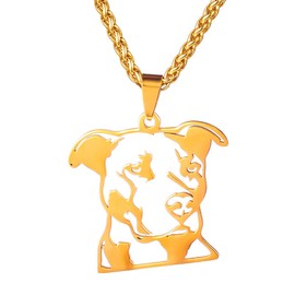 Gold-Plated Stainless Steel Natural Ear Pitbull Pit Bull Staffordshire Bull Terrier Dog Head Outline Pendant Necklace, Approx. 1.35'' x 1.5''