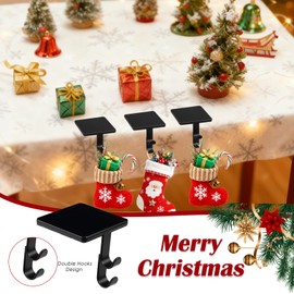 Luvenia 2 in 1 Fireplace Stocking and Garland Hanger，Christmas Ornament Hooks Weighted Metal Hanging Hooks with Non-Slip Protective Pad for Counter Tables Window Holiday Decoration(Black-4 Pack)