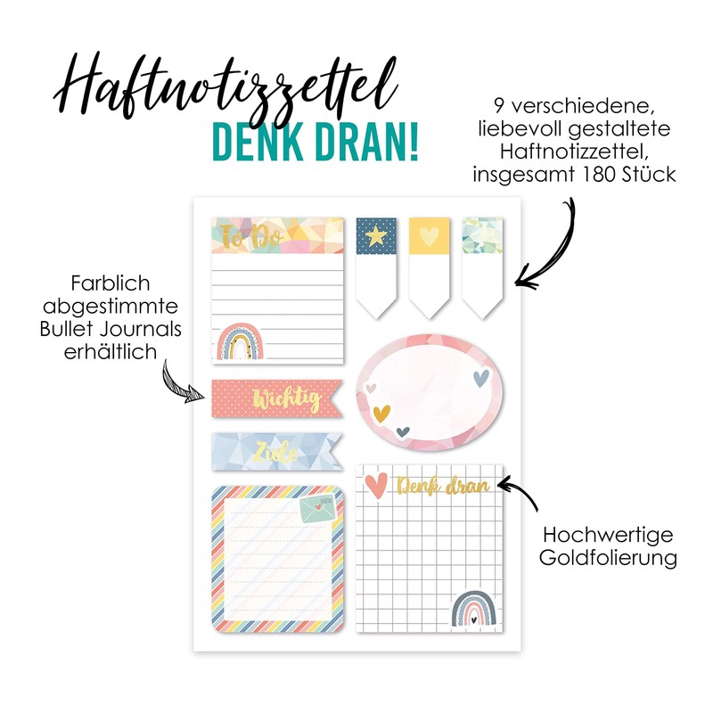Papierdrachen Bullet Journal Sticky Notes – Rainbow – 9 Different