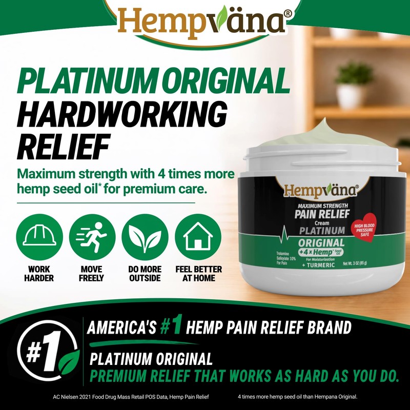 Hempvana Platinum Max Strength Relief Cream, 4X Hemp, Odor-Free, Non-Greasy