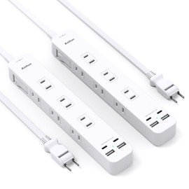 Set of 2, Extension Cord, 6.6 ft (2 m), Power Strip with USB Charging, 6 AC Outlets, 2 USB Ports, 2 Type-C Ports, Bulk Switch, Table Tap, Power Cord, Lightning Guard OA Tap, Wall Hanging/Tabletop, 18