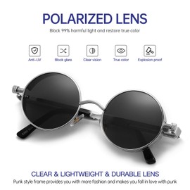 GYsnail Make the world clear 𝗦𝘁𝗲𝗮𝗺𝗽𝘂𝗻𝗸 𝗣𝗼𝗹𝗮𝗿𝗶𝘇𝗲𝗱 𝗦𝘂𝗻𝗴𝗹𝗮𝘀𝘀𝗲𝘀 For Men, Round Gothic Shades Style Women, Metal Circle Frame(Silver)