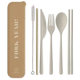 Designworks Ink Reusable Cutlery Set Utensils for Lunch Box, 7-Piece, Ochre - Fork Yeah! Includes Plastic Flatware with Forks, Spoon, Knife, Chopsticks, Metal Straw in Portable Travel Case