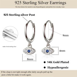 FASHGOOD 925 Sterling Silver Hoop Earrings for Women,Blue CZ Evil Eye Dangle Earrings for Girls,Silver Small Hoop Drop Earring Hypoallergenic,Birthday Chastmas Gifts for Daughter Mother