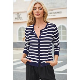 Newshows Women's Striped Cardigans 2025 Spring Fashion Lightweight Sweater Business Work Casual Long Sleeve Cotton Crew Neck Soft Knit Outfits(Navy White-M)