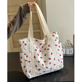 Cute Strawberry Shoulder Tote Bag Women 2025 Corduroy Book Handbag Square Purse Multiple Pockets College