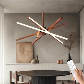 Modern Sputnik Chandelier Ceiling LED Black Pendant Light Embedded Mount Chandeliers Dining Room Light Fixtures Over Table Dimmable with Remote Control for Living Room Kitchen Bedroom (Wood Color)