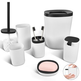 Bathroom Accessories Set, 6pcs Bathroom Accessory Set with Trash Can, Toilet Brush Set，Toothbrush Holder, Toothbrush Cup, Soap Dispenser, Soap Dish(White-Black Lid)