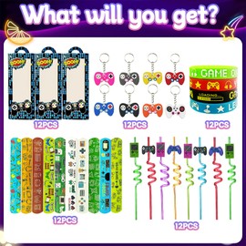QZYCMHOO 110PCS Video Game Party Favors Gamer Birthday Party Supplies with Reusable Drinking Straws Keychains Game Boxes Gift Goodie Treat Bag Fillers Gaming Party Favors