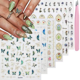 YOSOMMK Spring Flower Nail Art Stickers Decals Blue Green Butterfly Nail Decals Self Adhesive 5D Embossed for Women Nails Design Decoraion 3D Flower Mails Stickers Supplies